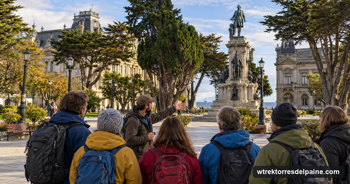 Small group on a free walking tour of the Plaza de Armas, Punta Arenas