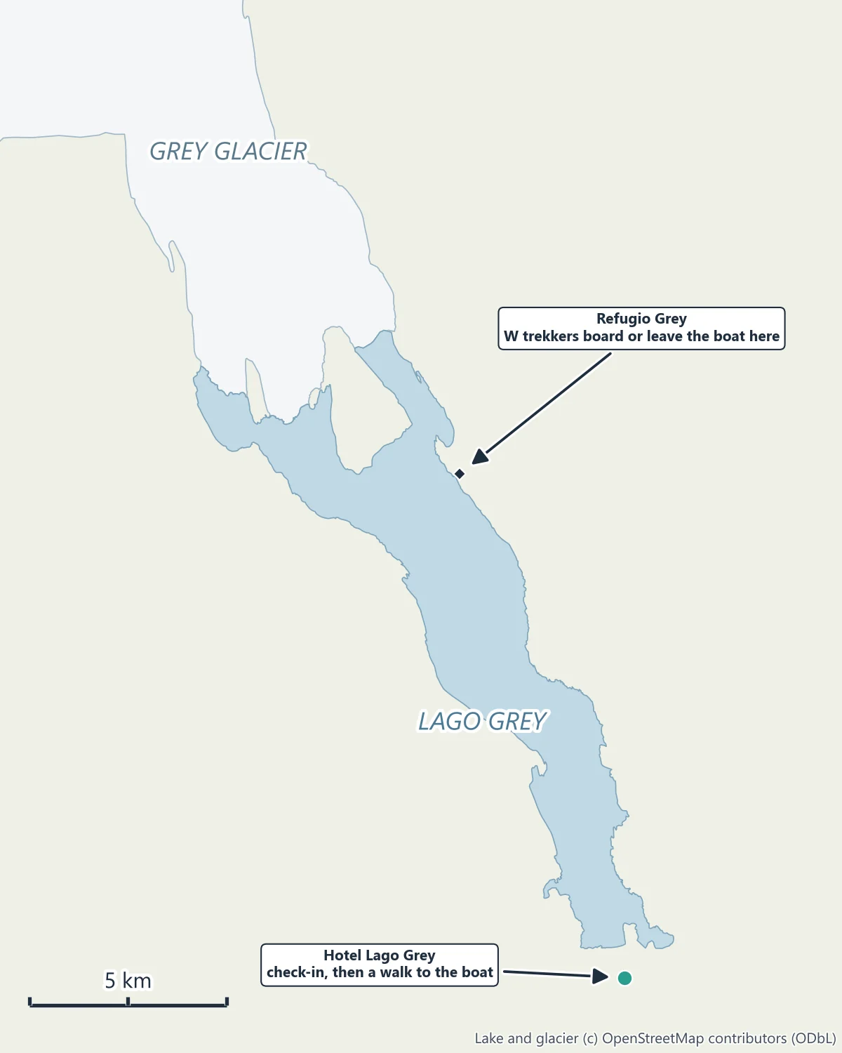Map of Lago Grey in Torres del Paine: Hotel Lago Grey at the south end where the boat tour checks in, Refugio Grey on the east shore where W trekkers board, and Grey Glacier at the north end of the lake